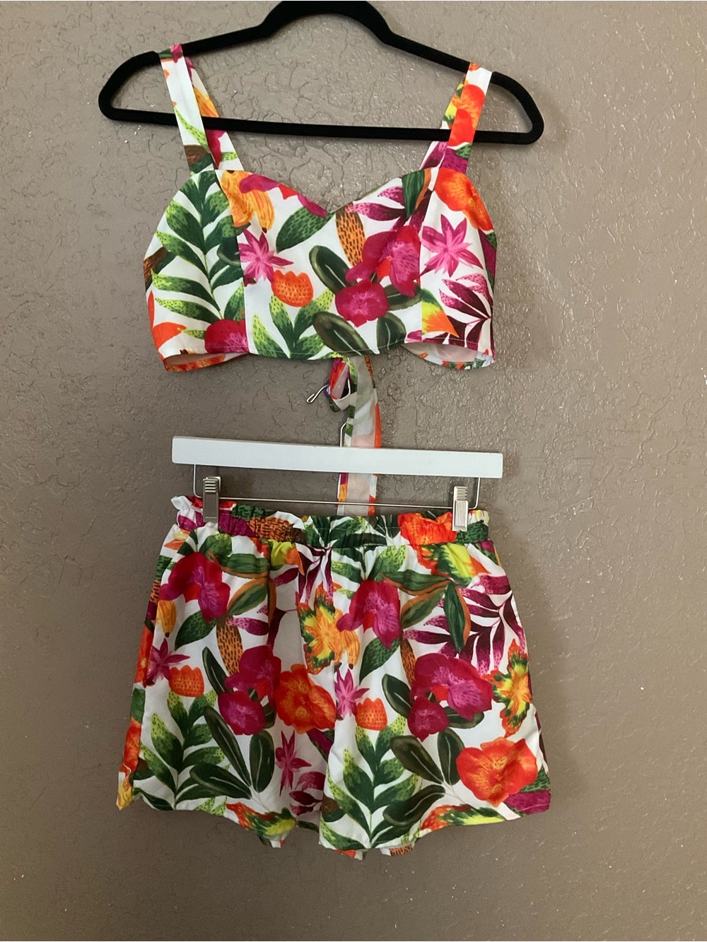 Tropical Floral Two-Piece Crop Top & Shorts Set - White, Pink, Orange, Green